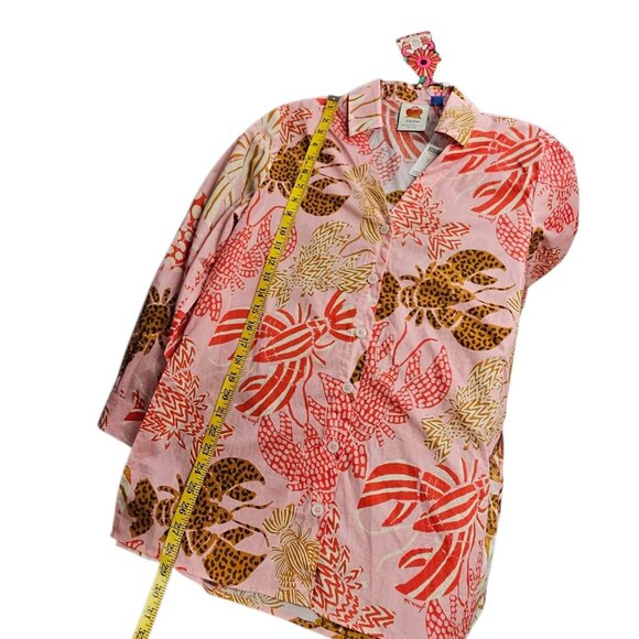 Farm Rio x Anthropologie Long-Sleeve Printed Buttondown Shirt Cheetah Lobster, S - Picture 7 of 9